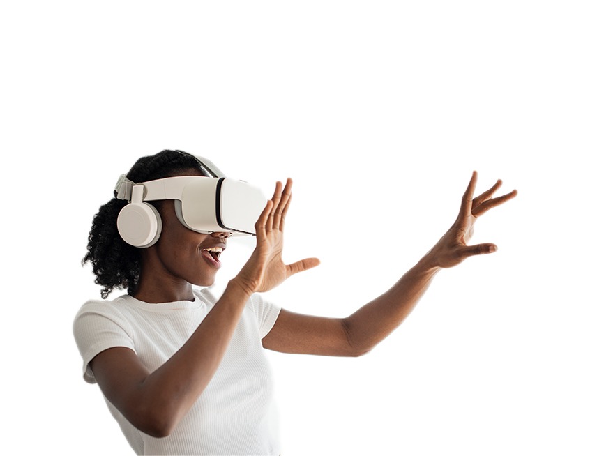 A happy lady in virtual reality in a virtual white world of the creative agency