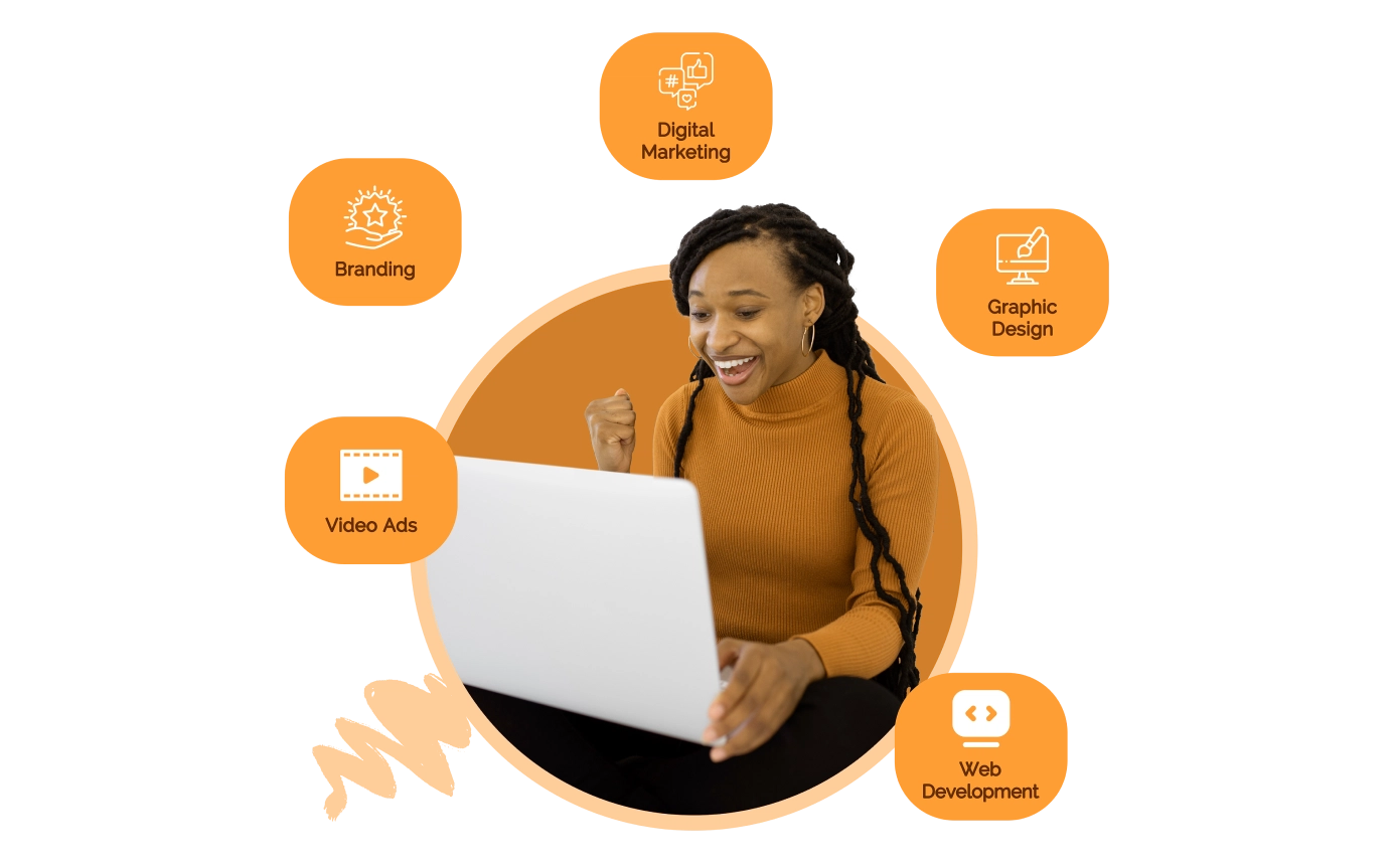 A beautiful joyous lady working on laptop with the pop ups of branding, web development, graphic design, video & animation and digital marketing