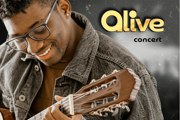 Alive concert design done by our creative agency featuring an excited musician playing a guitar