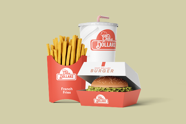 A fast food meal with a burger, fries, and a drink, all branded with the Dollarz logo, designed by our creative agency