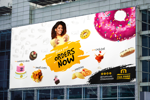 Creative agency-designed billboard advertisement for Mak Fluidz food company, showcasing a woman and assorted food items
