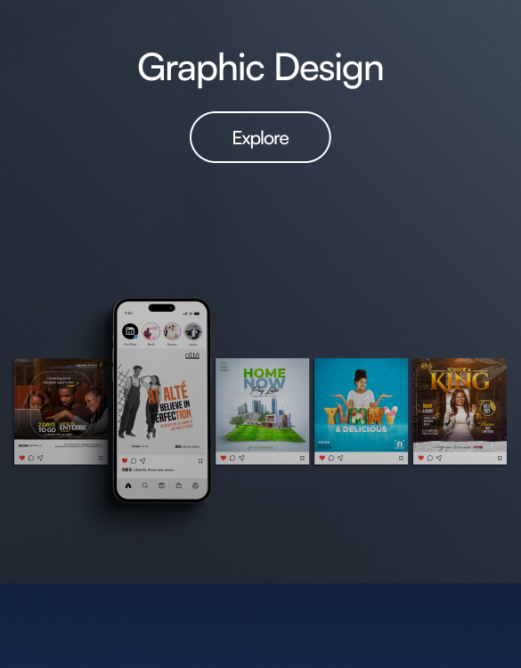 A variety of social media graphic designs for Instagram displayed on a phone, showcasing our graphic design services.