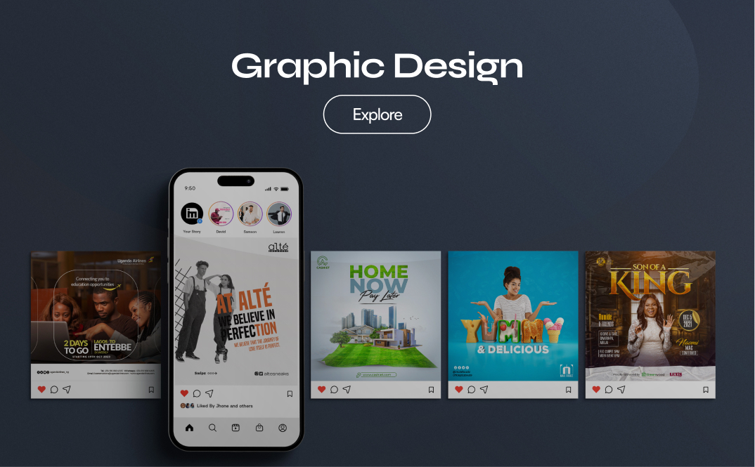 A variety of social media graphic designs for Instagram displayed on a phone, showcasing our graphic design services.