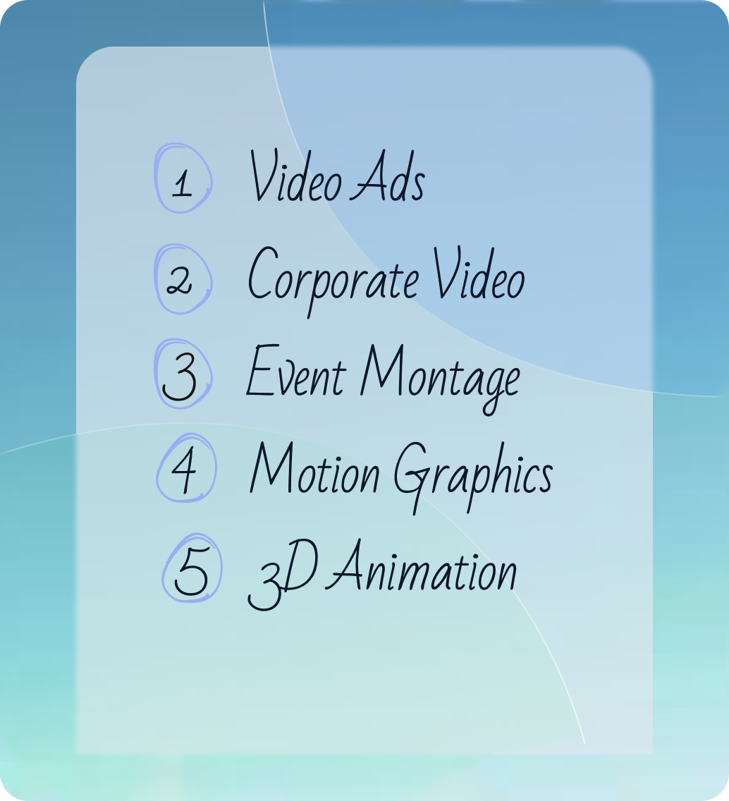 Service list card comprises of video ads, corporate video, event montage and 3D animation